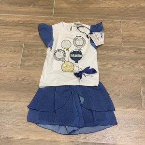 Maelie Baby Girl White Flutter Sleeves Tee Blue Ruffled Skort Outfit Size 18M